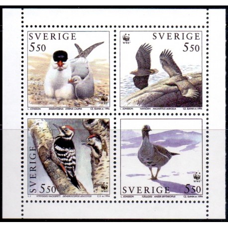 Sverige. 1994. Vilde fugle. AFA nr. 1776-79 postfrisk 4-blok Stemplet hæfte FDC parstykkke SWEDEN **/o