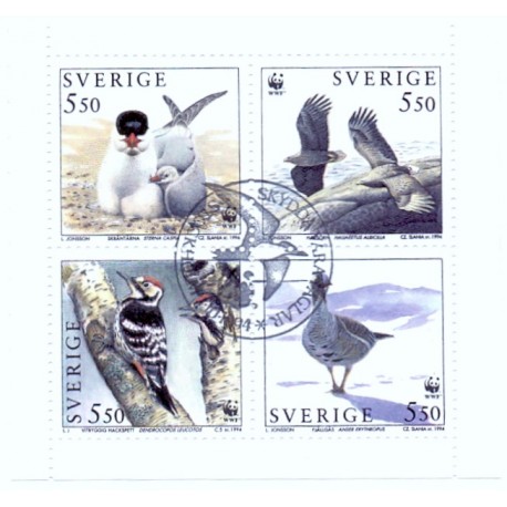 Sverige. 1994. Vilde fugle. AFA nr. 1776-79 postfrisk 4-blok Stemplet hæfte FDC parstykkke SWEDEN **/o