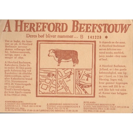 1976. Herford Beefstouw, brugt reklamekort