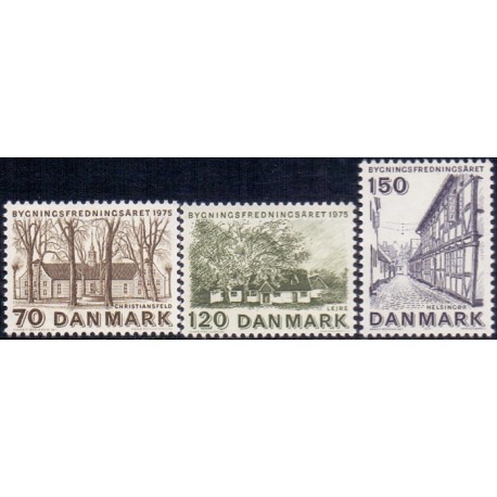 1975. Byggefredningsår. AFA nr. 591-93 postfrisk   stemplet FDC