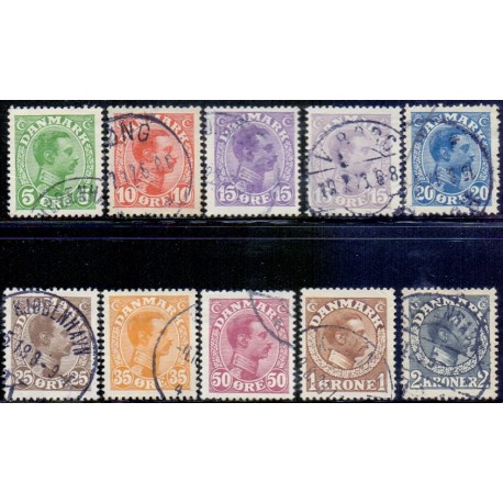 1913.  Chr X. 5 Øre-2 kr.  AFA nr. 68-76, stemplet  Ubrugt Stemplet FDC