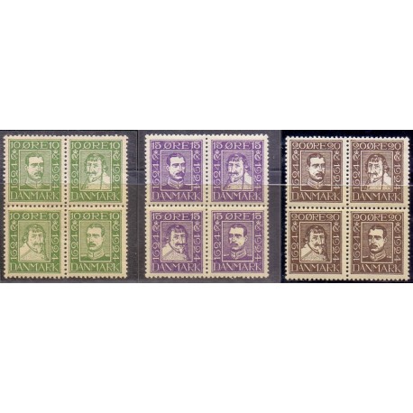 1924. Postvæsnets jubilæum. 10-20 Øre, i firblokke "mod hinanden" AFA nr. 132-43 postfrisk Ubrugt Stemplet FDC