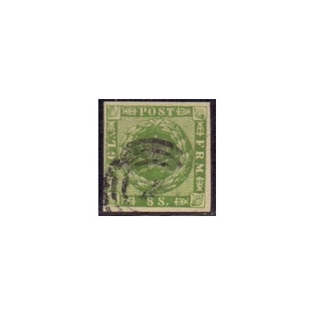 1858. 8 Skilling, grøn, AFA nr. 8 **/MNH, postfrisk, ubrugt, stemplet