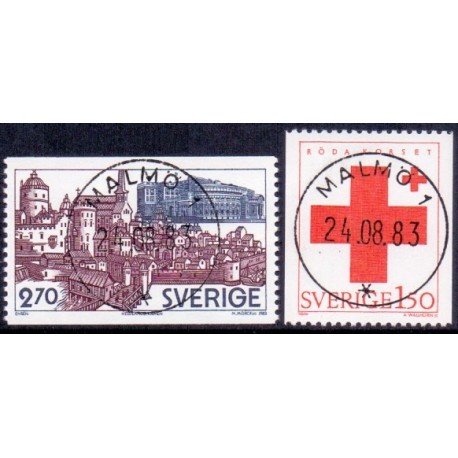 Sverige. 1983. Røde kors, og Rigsdagsbygningen, AFA nr. 1243-44 postfriske  stemplet  hæfte FDC parstykkke SWEDEN