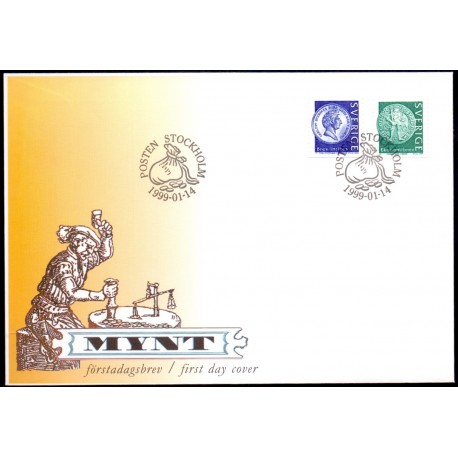 Sverige 1999. Mønter. AFA nr. 2021-22 postfrisk stemplet  hæfte FDC parstykkke