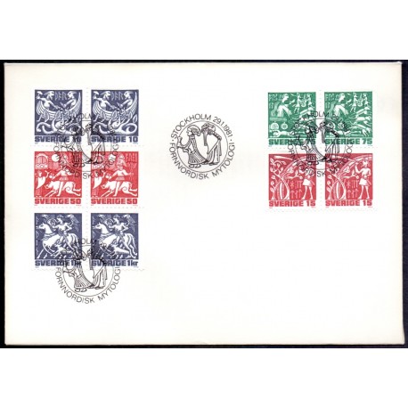 Sverige. 1981. Nordisk mytologi. AFA nr. 1139-43 postfrisk sammentryk stemplet  hæfte FDC parstykkke