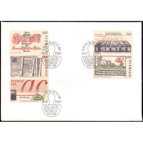 Sverige. 1983. Bogtrykkerkunstens indførelse, AFA nr. 1221-25 postfrisk stemplet  hæfte FDC parstykkke