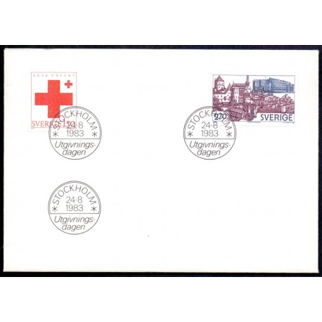 Sverige. 1983. Røde kors, og Rigsdagsbygningen, AFA nr. 1243-44 postfriske  stemplet  hæfte FDC parstykkke SWEDEN