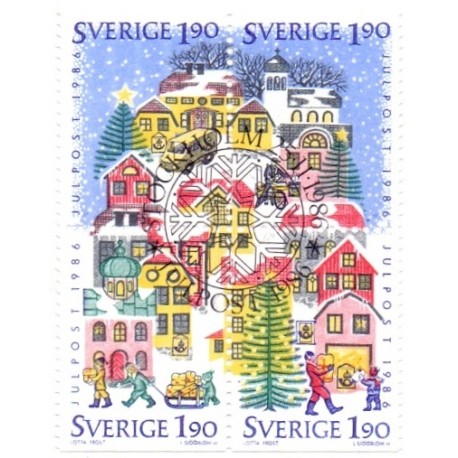 Sverige. 1986. Julefrimærker. AFA nr. 1394-97 postfrisk 4-blok   Stemplet hæfte FDC parstykkke SWEDEN **/o
