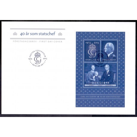 Sverige 2013. Carl Gustav 40 år som statschef. AFA nr. 2907 postfrisk miniark stemplet  hæfte FDC parstykkke