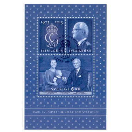 Sverige 2013. Carl Gustav 40 år som statschef. AFA nr. 2907 postfrisk miniark stemplet  hæfte FDC parstykkke