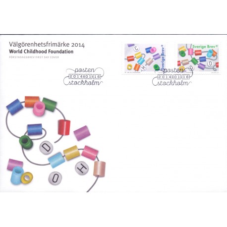 Sverige 2014. World Childhood Foundation. AFA nr. 2934-35, postfrisk  stemplet  hæfte FDC parstykkke
