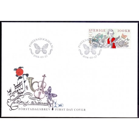 Sverige 2014. Carl Michael Bellman. AFA nr. 2952, postfrisk templet  hæfte FDC parstykkke