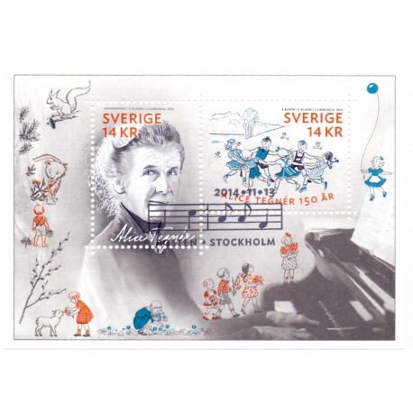 Sverige 2014. Alice Tegnér. AFA nr. 2989 postfrisk miniark stemplet  hæfte FDC parstykkke