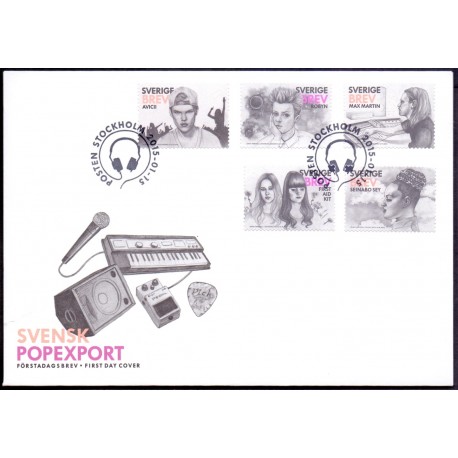 Sverige 2015. Svensk popexport. AFA nr. 2997-3001 postfrisk   stemplet  hæfte FDC parstykkke