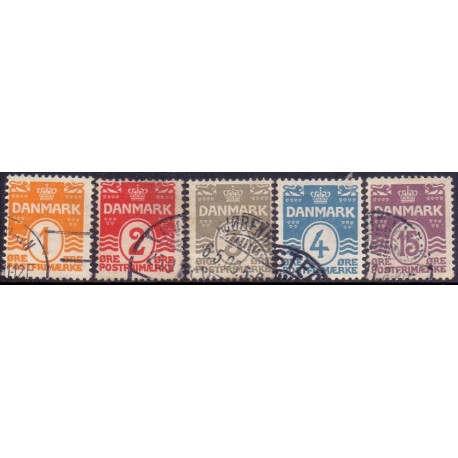 1905-06. Bølgelinietype, 1-15 Øre, AFA nr. 42-46,  stemplet  Ubrugt Stemplet FDC