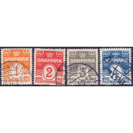 1913-14.  Bølgelinietype 1-4 Øre. (uden a nr.) AFA nr. 77-80, stemplet, postfrisk Ubrugt Stemplet FDC