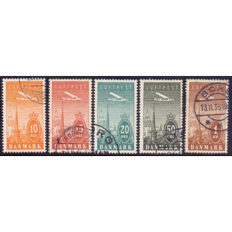 1934. Luftpostmærker. AFA nr. 216-20 postfrisk     Stemplet FDC