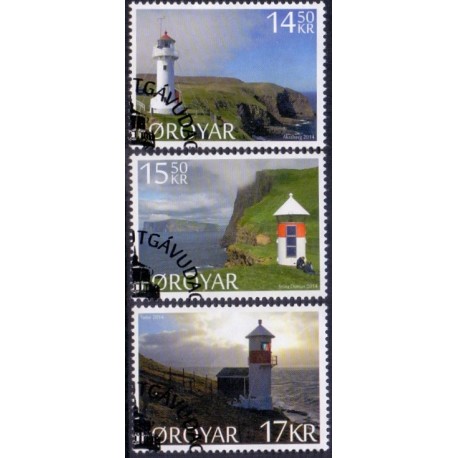 Færøerne 2014. 14,50-17,00 Kr. Fyrtårne på Færøerne AFA nr. 805-07 Postfrisk  stemplet
