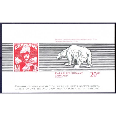 2013. 20,00 Kr. Post Greenland 75 års jubilæum, i miniark UTAKKET. AFA nr 652a postfrisk stemplet