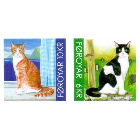 Færøerne 2011. 6,00-10,00 Kr. Katte, fra hæfter. AFA nr. 711E-2E postfrisk stemplet
