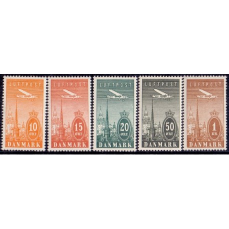 1934. Luftpostmærker. AFA nr. 216-20 postfrisk     Stemplet FDC