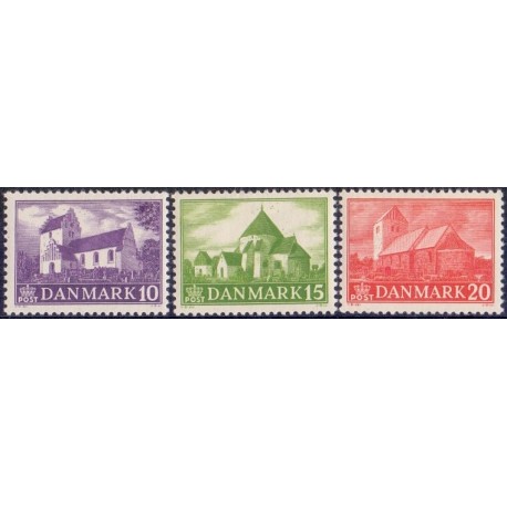 1944. Landsbykirker. AFA nr. 285-87 postfrisk     Stemplet FDC