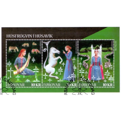 Færøerne 2014. 3 x 10,00 Kr. Husfruen i Hùsavik, i miniark. AFA nr. 794 Postfrisk  stemplet
